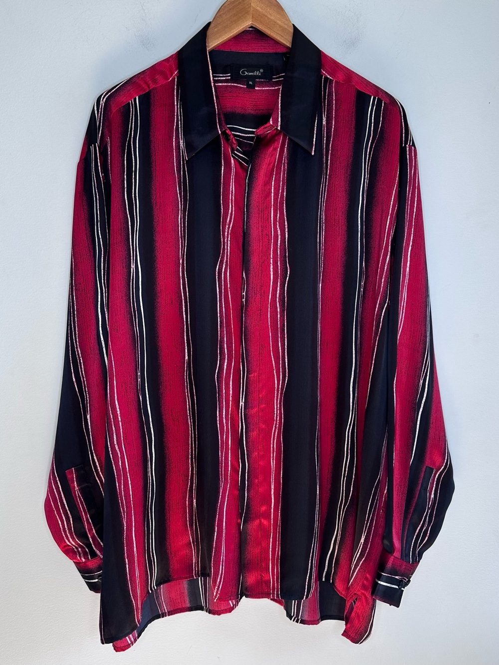 Genelli Men’s 100% Washable Silk Red Black Stripe Hidden Buttons Shirt